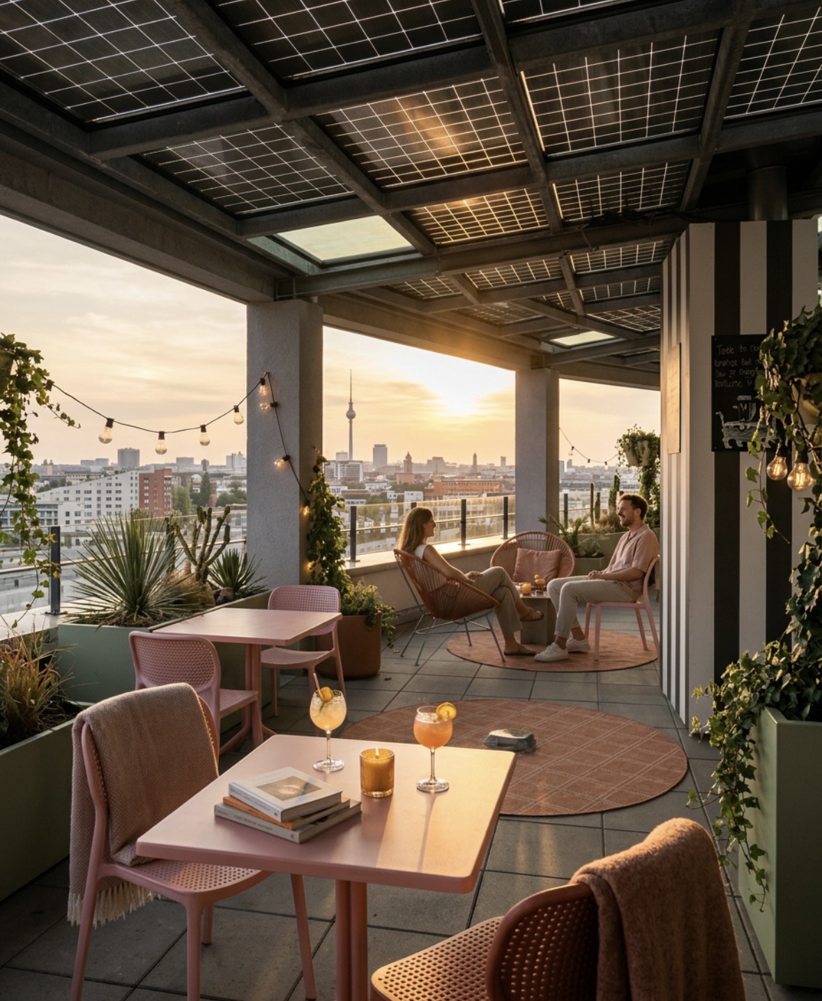 Rooftop bei Sonnenuntergang mit Blick auf den Fernsehturm